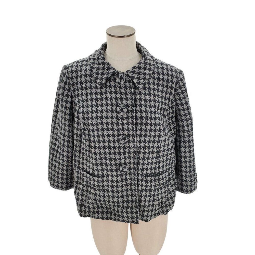 Style & Co Womens Jacket Houndstooth 3/4 Sleeve Buttons Black Grey Size 14W